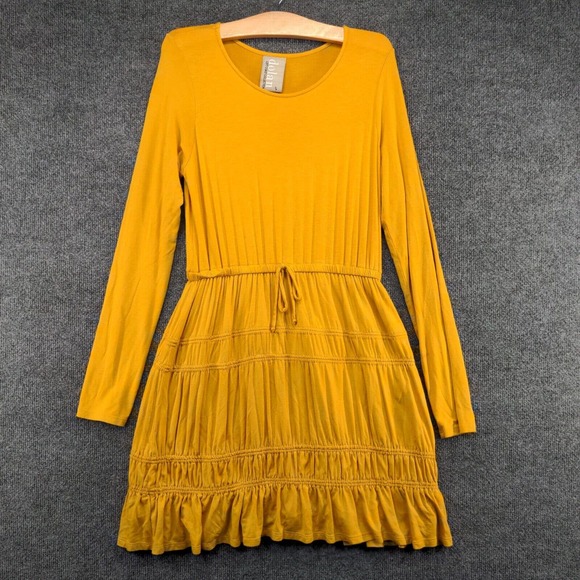 Dolan Women's A-Line Dress Long Sleeve Yellow Drawstring Pleated 30x34 - Picture 2 of 12